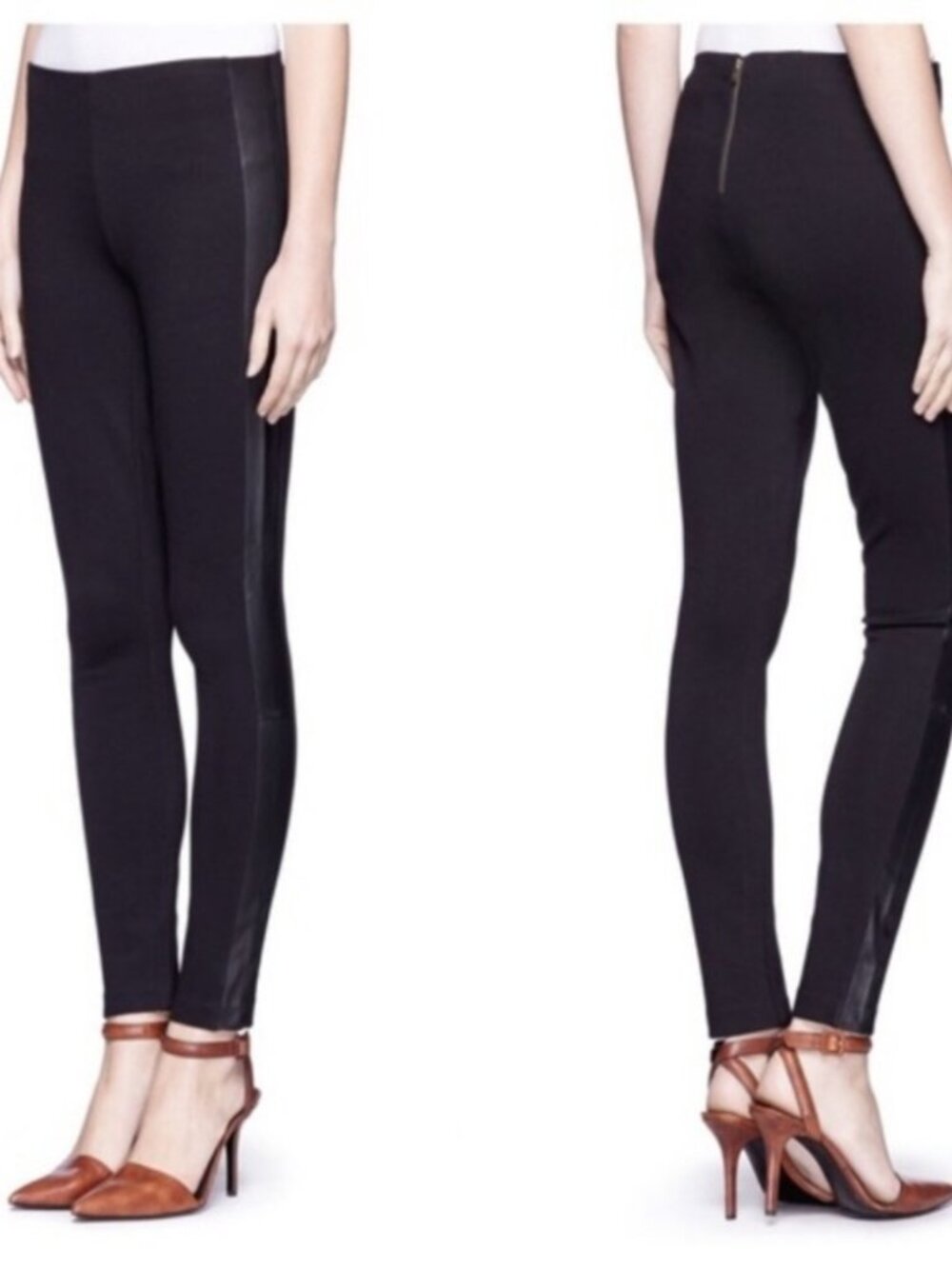 J Crew Pixie Women’s Slim Ankle Leg Back Zip Size 2 Leather Tuxedo Strip  Pants